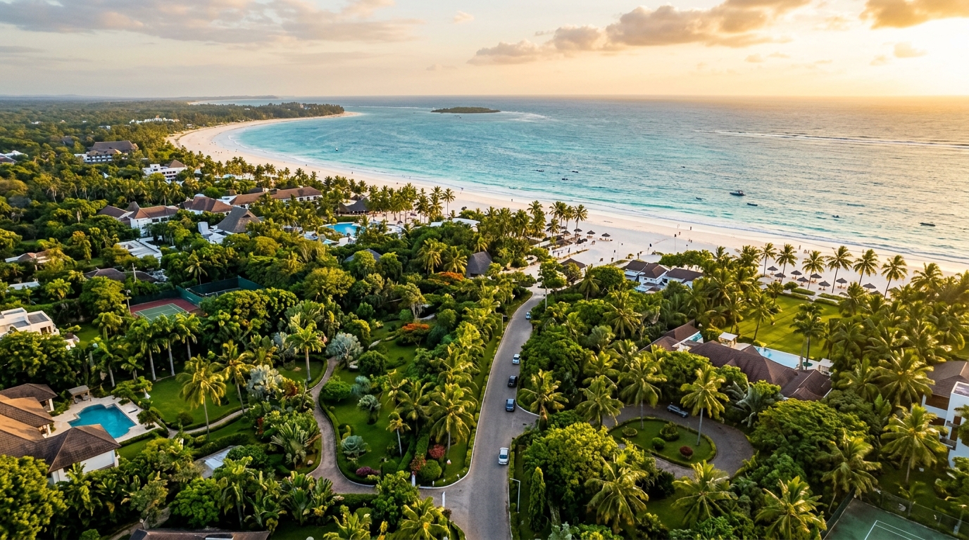 Aerial Drone View 1km Inland to Diani Beach Coastline